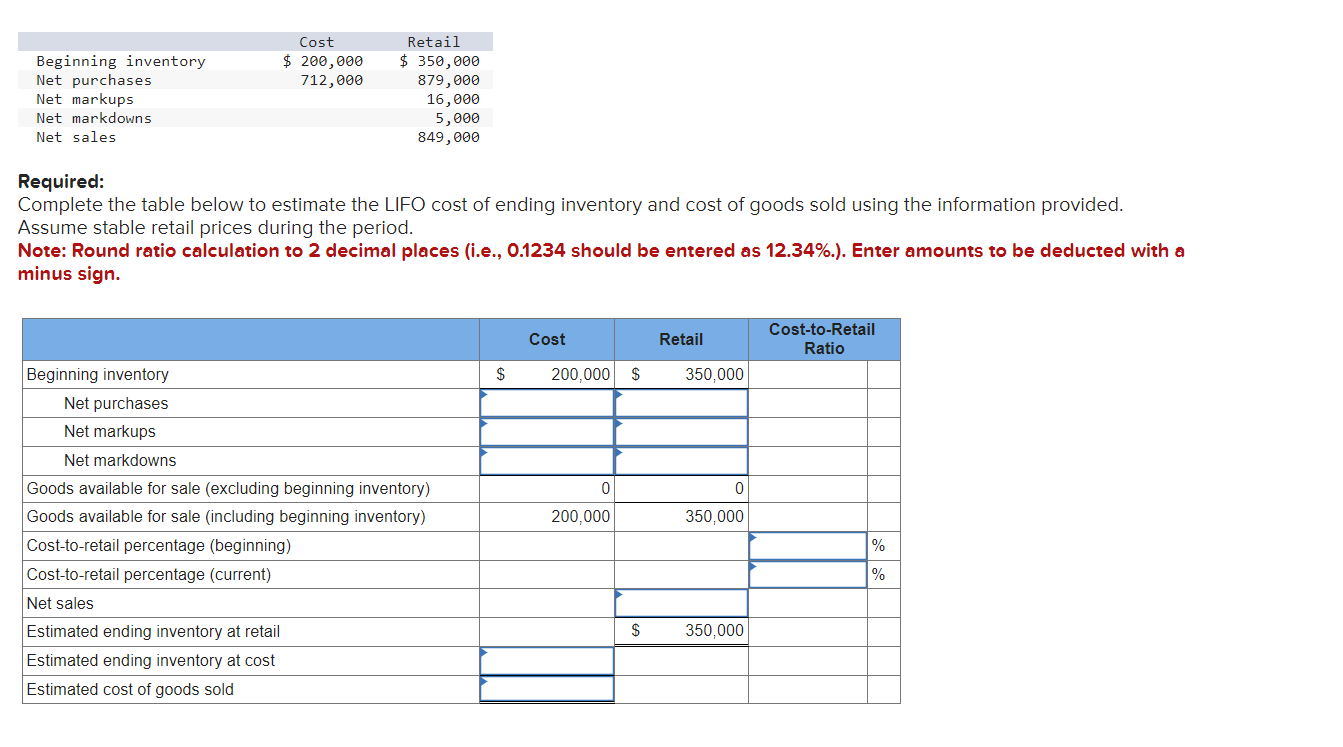  \table[[,Cost,Retail],[Beginning inventory,$200,000,$350,000. Company uses periodic system inventory. 