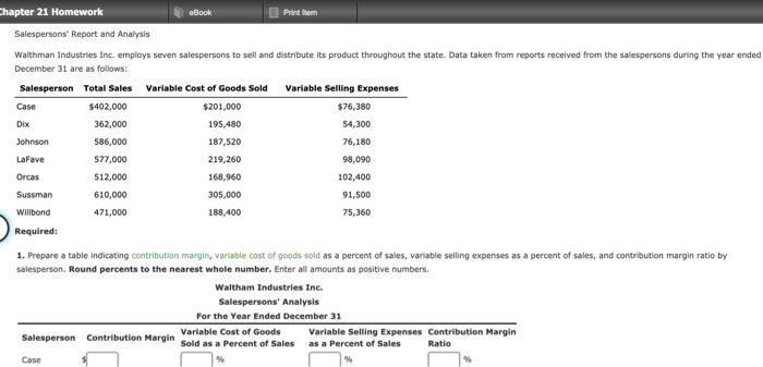  Chapter 21 Homework eBook Pri tem Salespersons' Report and Analysis Walthman