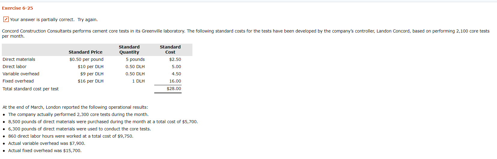 Exercise 6-25 Your answer is partially correct. Try again. Concord Construction