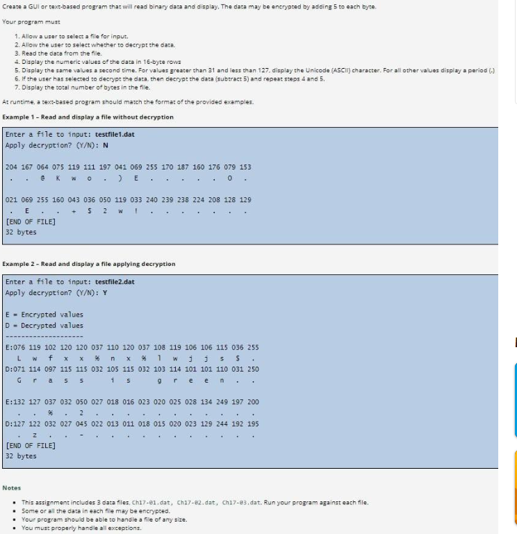  Create a GUl or text-based program that will read binary data
