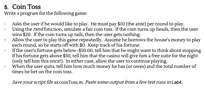 Using matlab write script using loop 5. Coin Toss Write a