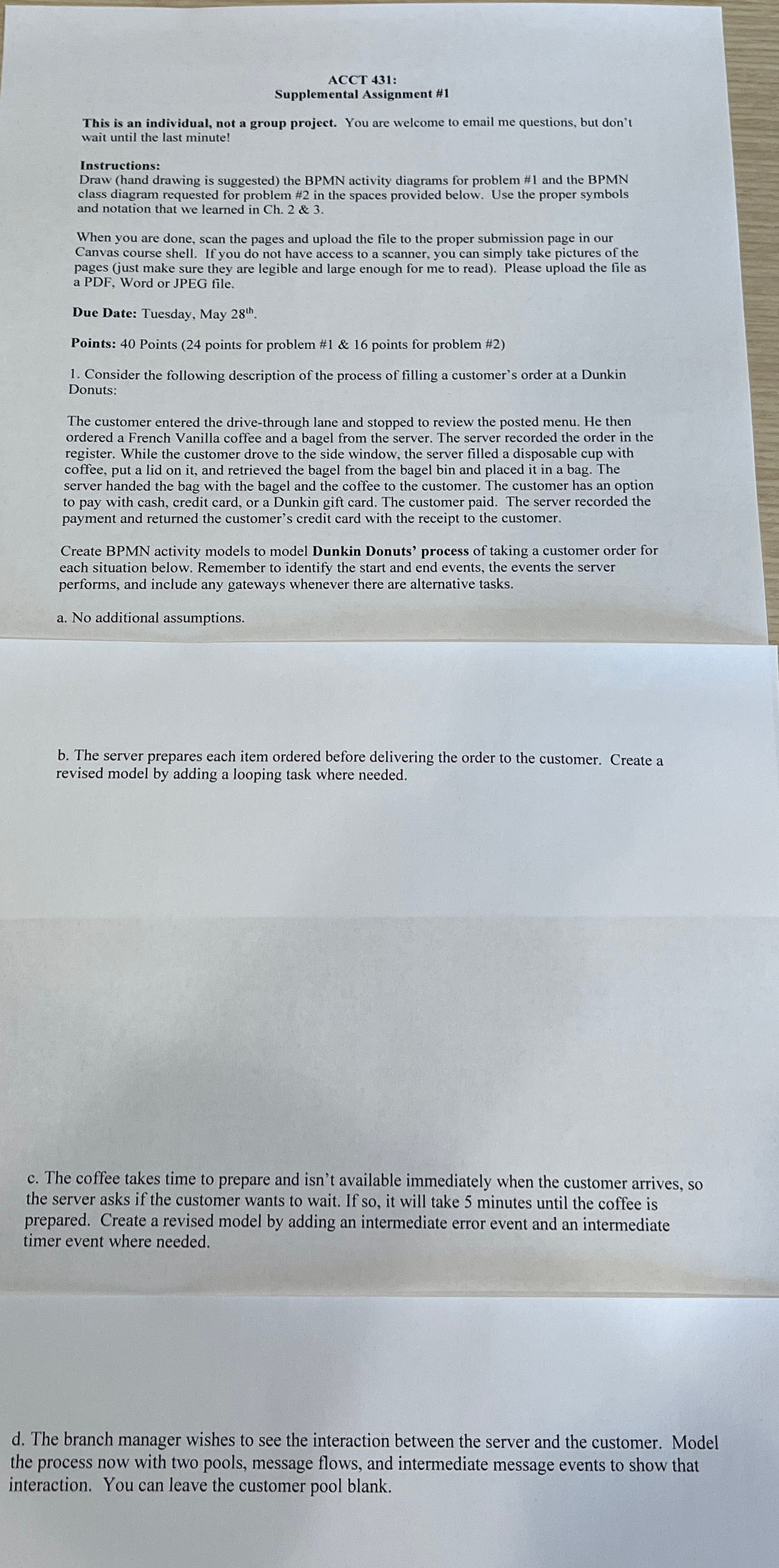  ACCT 431: Supplemental Assignment #1 This is an individual, not a