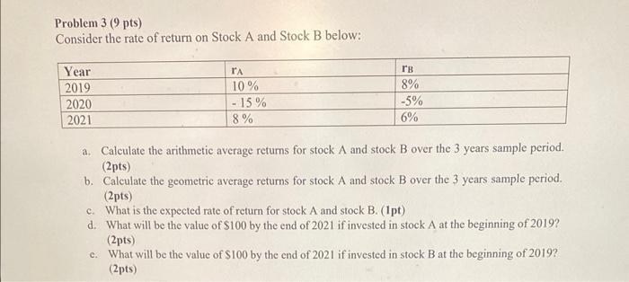 c) d) e) Problem 3(9pts) Consider the rate of return on Stock
