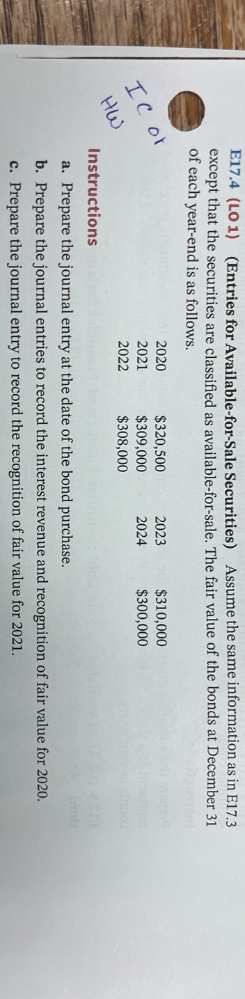  E17.4(L01)(Entries for Available-for-Sale Securities) Assume the same information as in E17.3