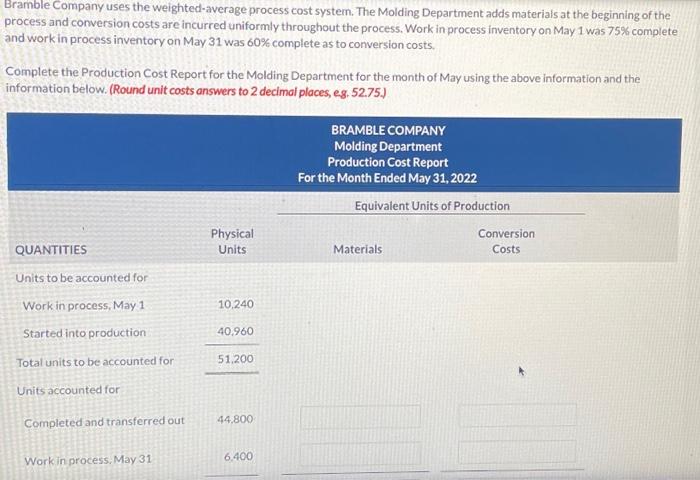  Bramble Company uses the weighted-average process cost system. The Molding Department