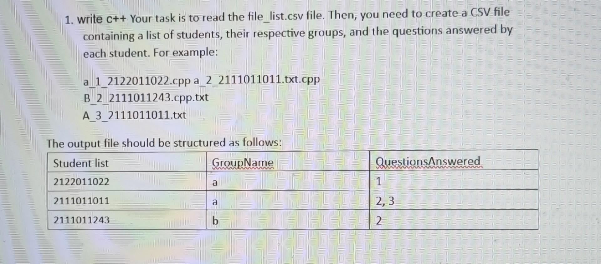  1. write c++Your task is to read the file_list.csv file. Then,