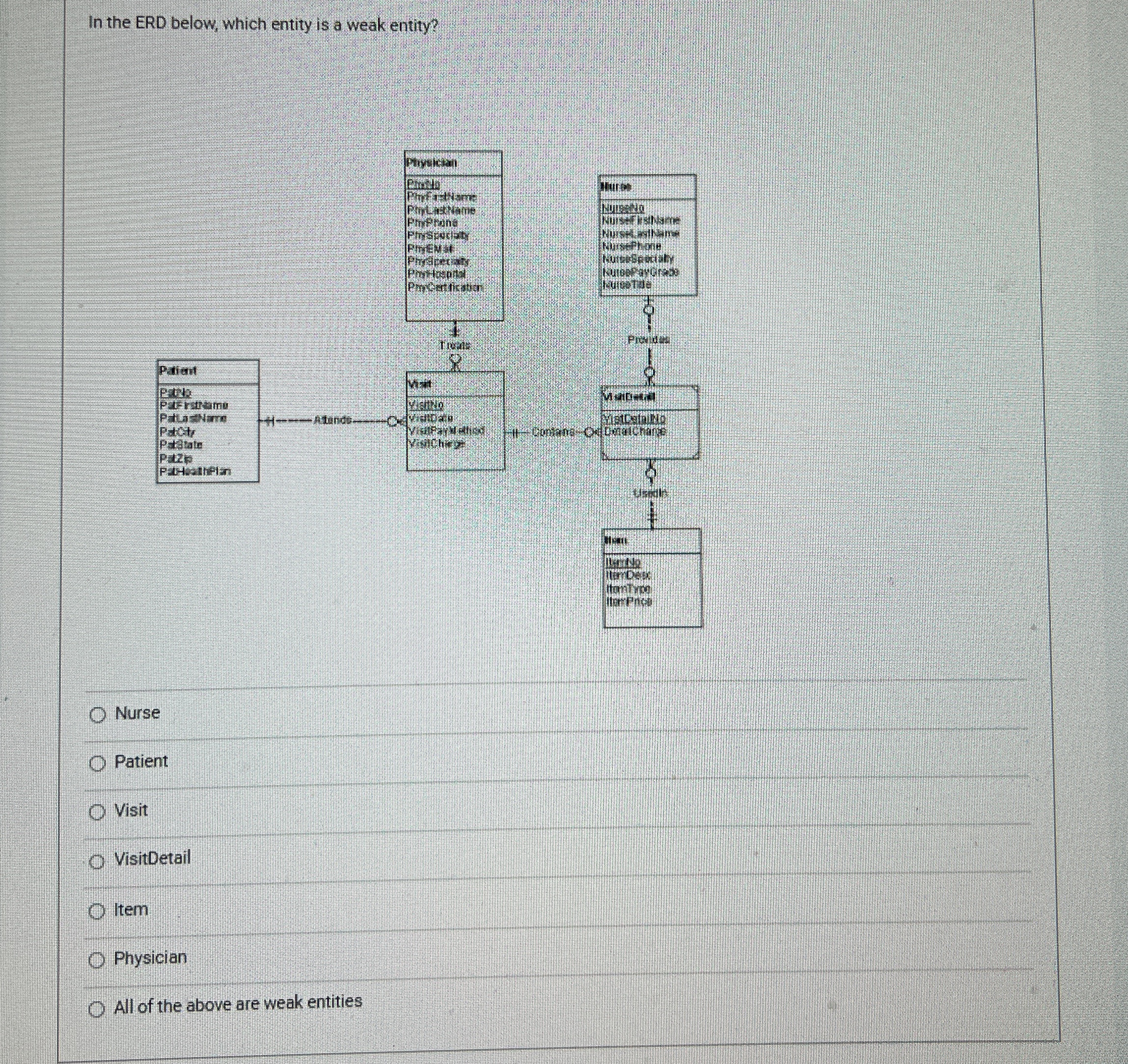  In the ERD below, which entity is a weak entity? Nurse