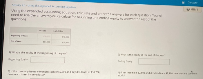  Glossary HINT Activity 4.b - Using the Expanded Accounting Equation Using
