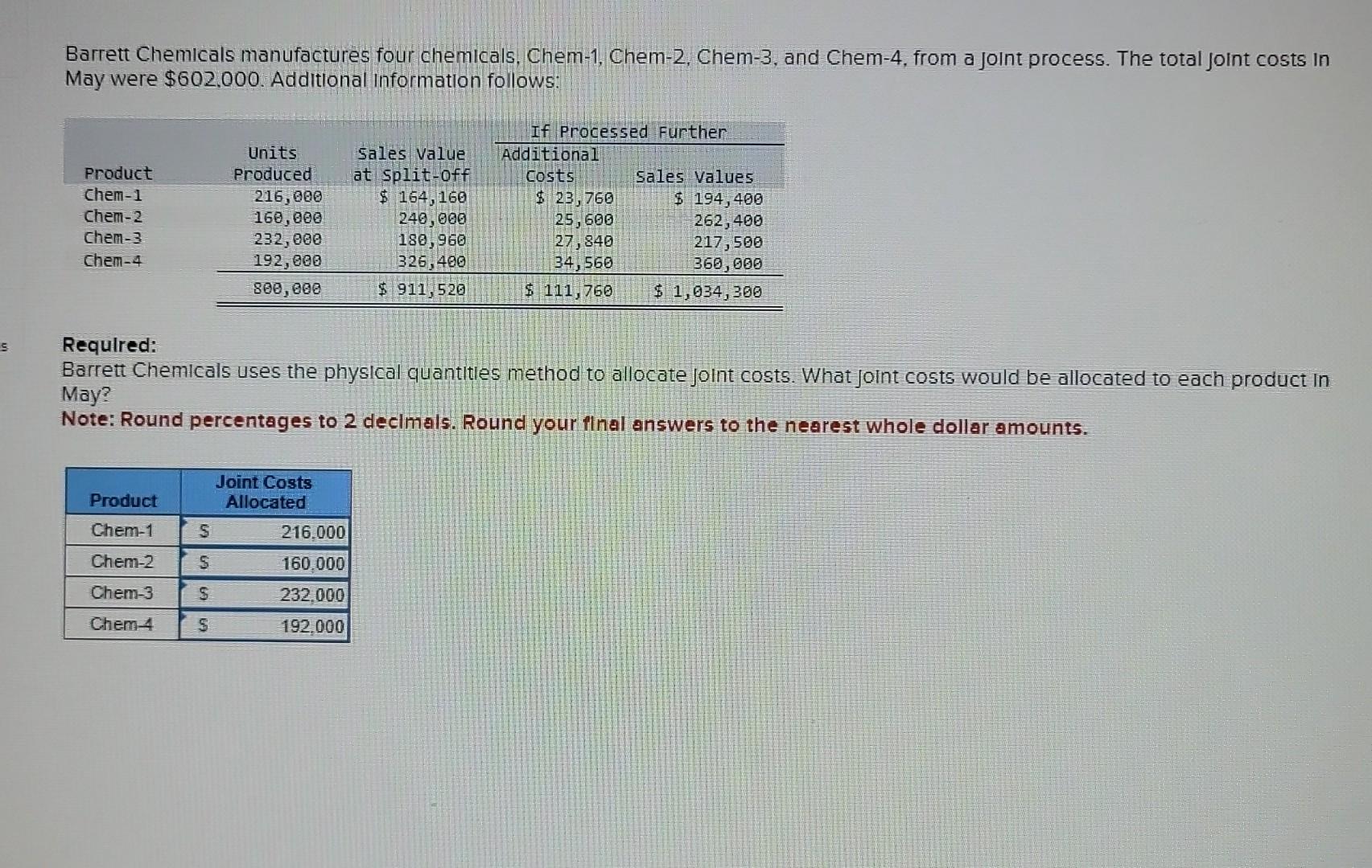  All the work is wrong in this problem. Barrett Chemicals manufactures