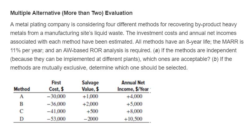 DO NOT SOLVE IT WITH EXCEL PLEASE Multiple Alternative (More than Two)