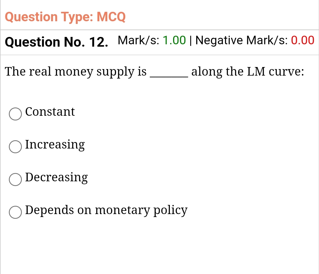  Question Type: MCQ Question No.12. Mark/s: 1.00| Negative Mark/s: 0.00 The