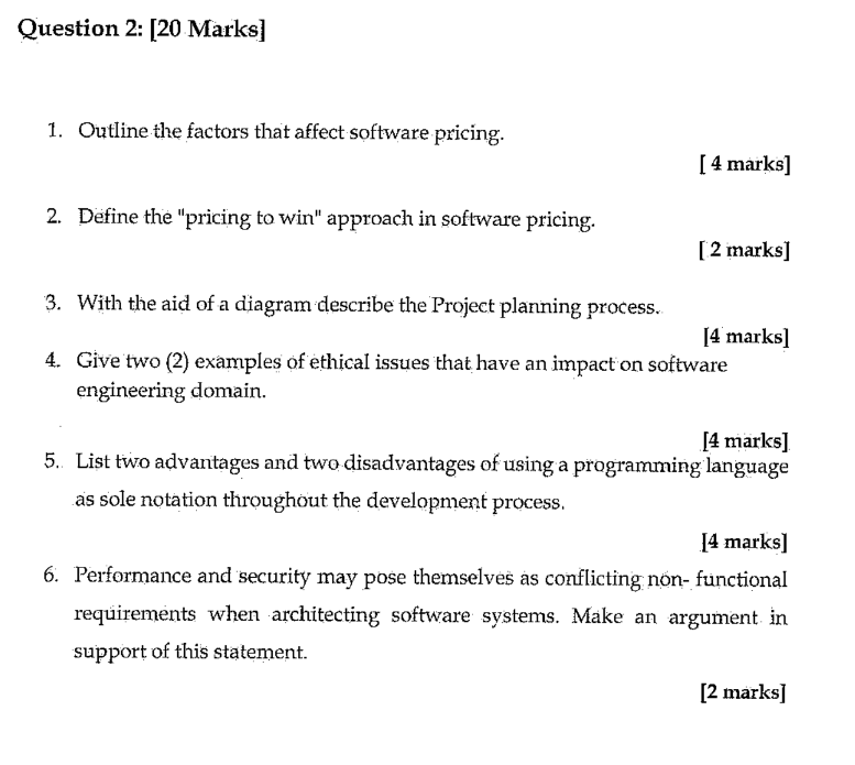  Question 2: [20 Marks] Outline the factors that affect software pricing.