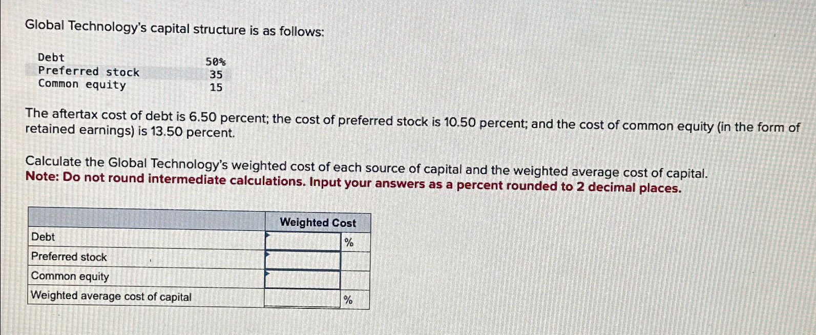  Global Technology's capital structure is as follows: \table[[Debt,50% 