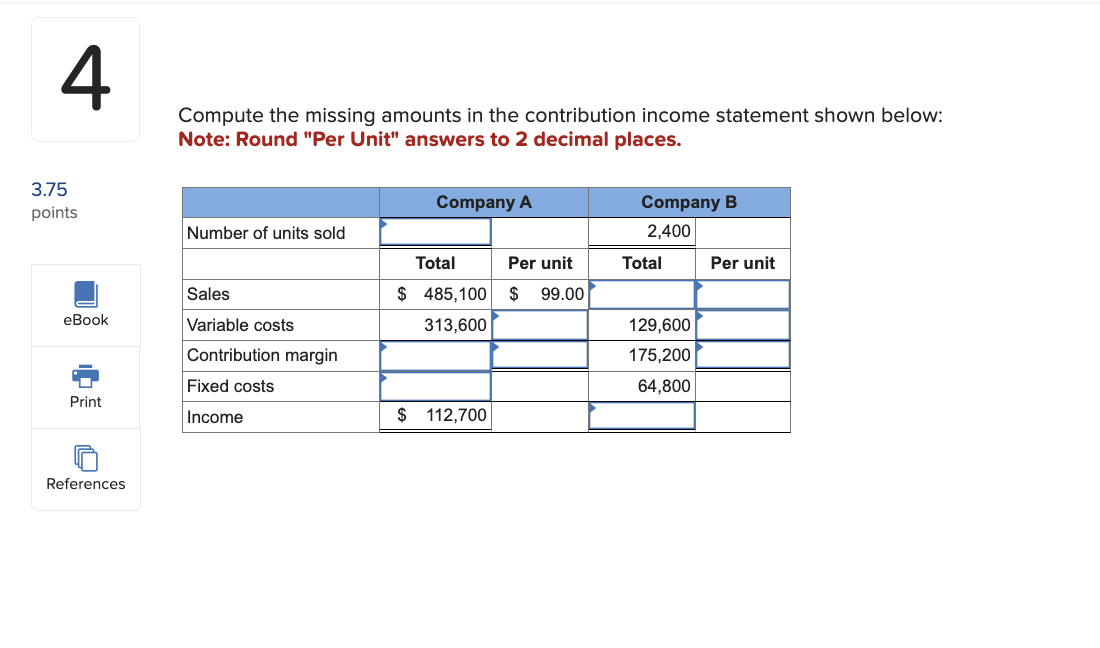  Compute the missing amounts in the contribution income statement shown below: