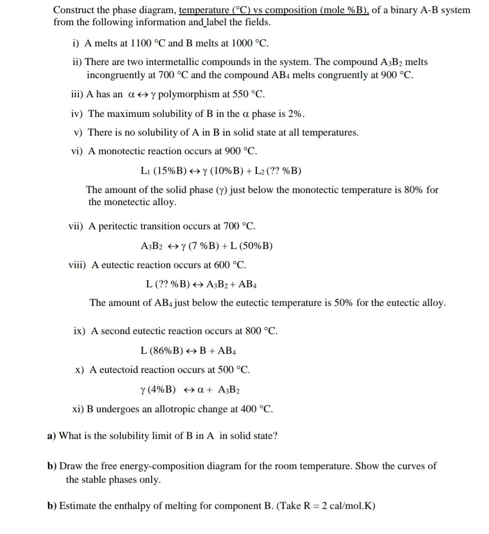  Construct the phase diagram, temperature (C) vs composition (mole %B), of