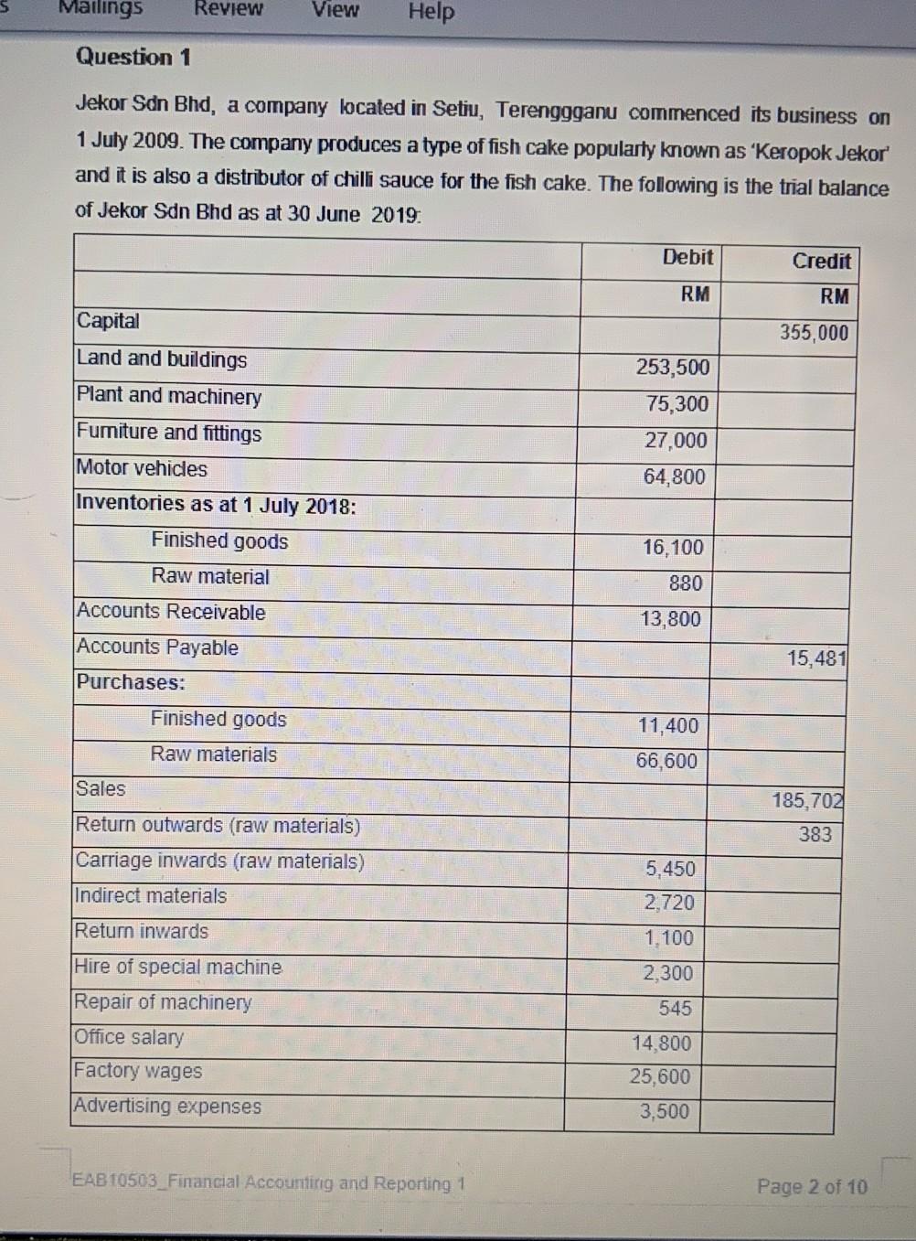 Matings Review View Help Question 1 Jekor Sdn Bhd, a company