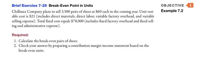  OBJECTIVE 1 Brief Exercise 7-25 Break-Even Point in Units Chillmax Company