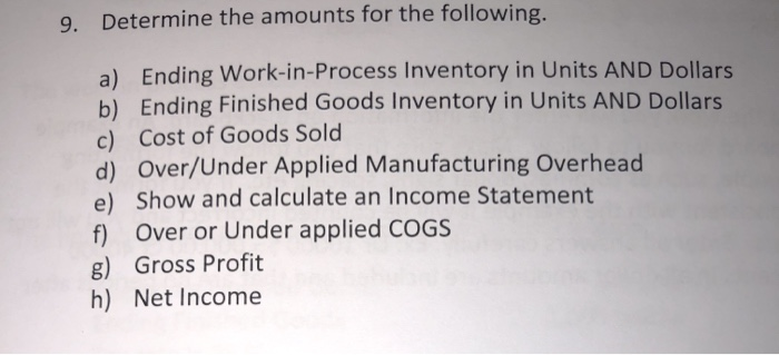 Determine the amounts for the following 9. a) Ending Work-in-Process Inventory