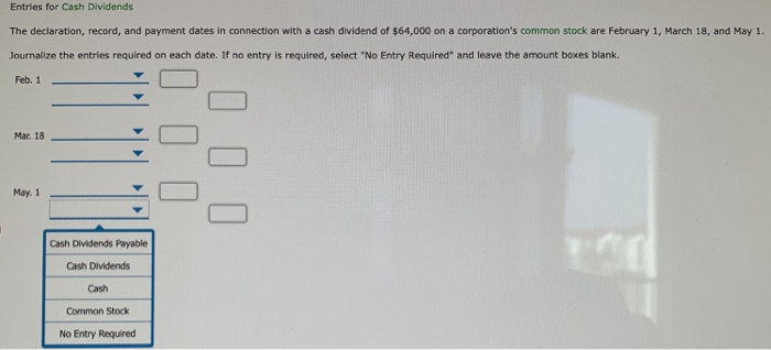  Entries for Cash Dividends The declaration, record, and payment dates in