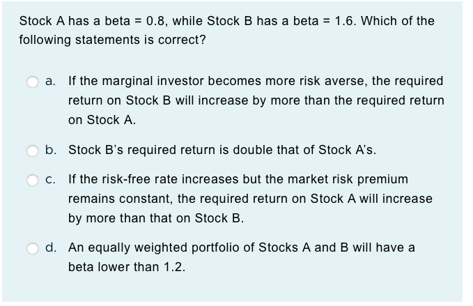 Stock A has a beta =0.8, while Stock B has a