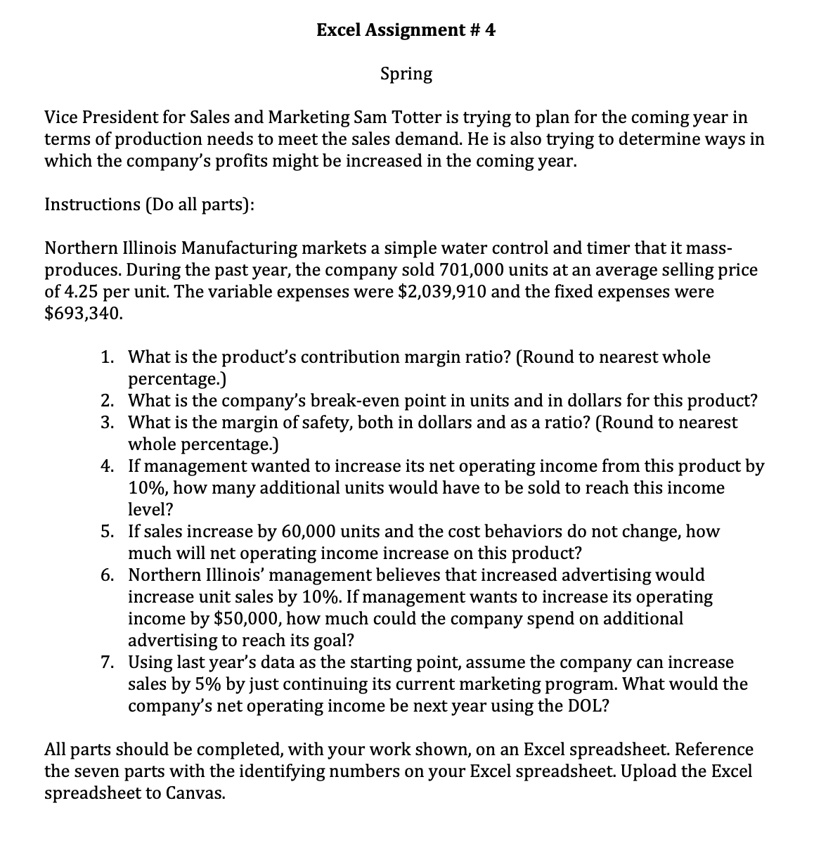  Excel Assignment # 4 Spring Vice President for Sales and Marketing