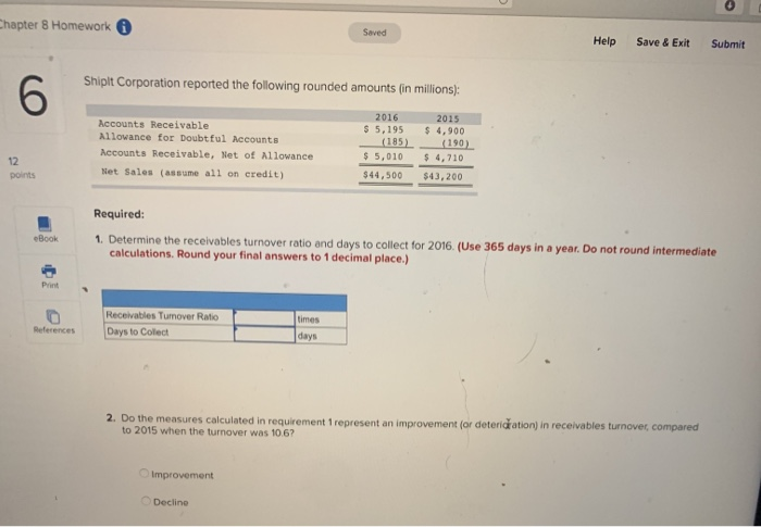  Thapter 8 Homework Saved Help Save & Exit Submit Shipit Corporation