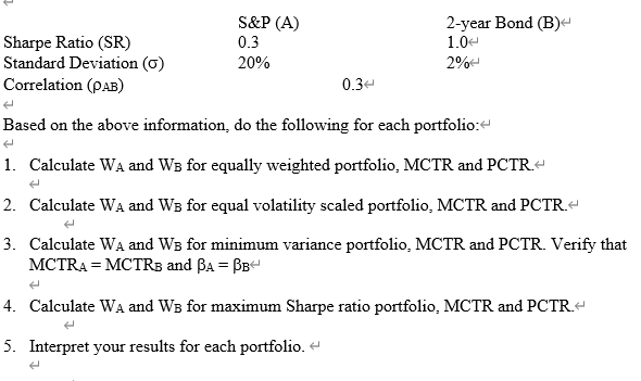 Sharpe Ratio (SR) Standard Deviation (0) Correlation (PAB) S&P (A) 0.3
