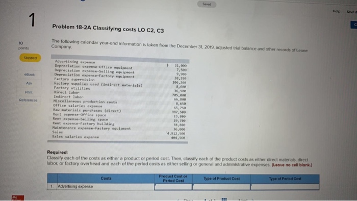  Problem 18-2A Classifying costs LO C2, C3 The following calendar year-end