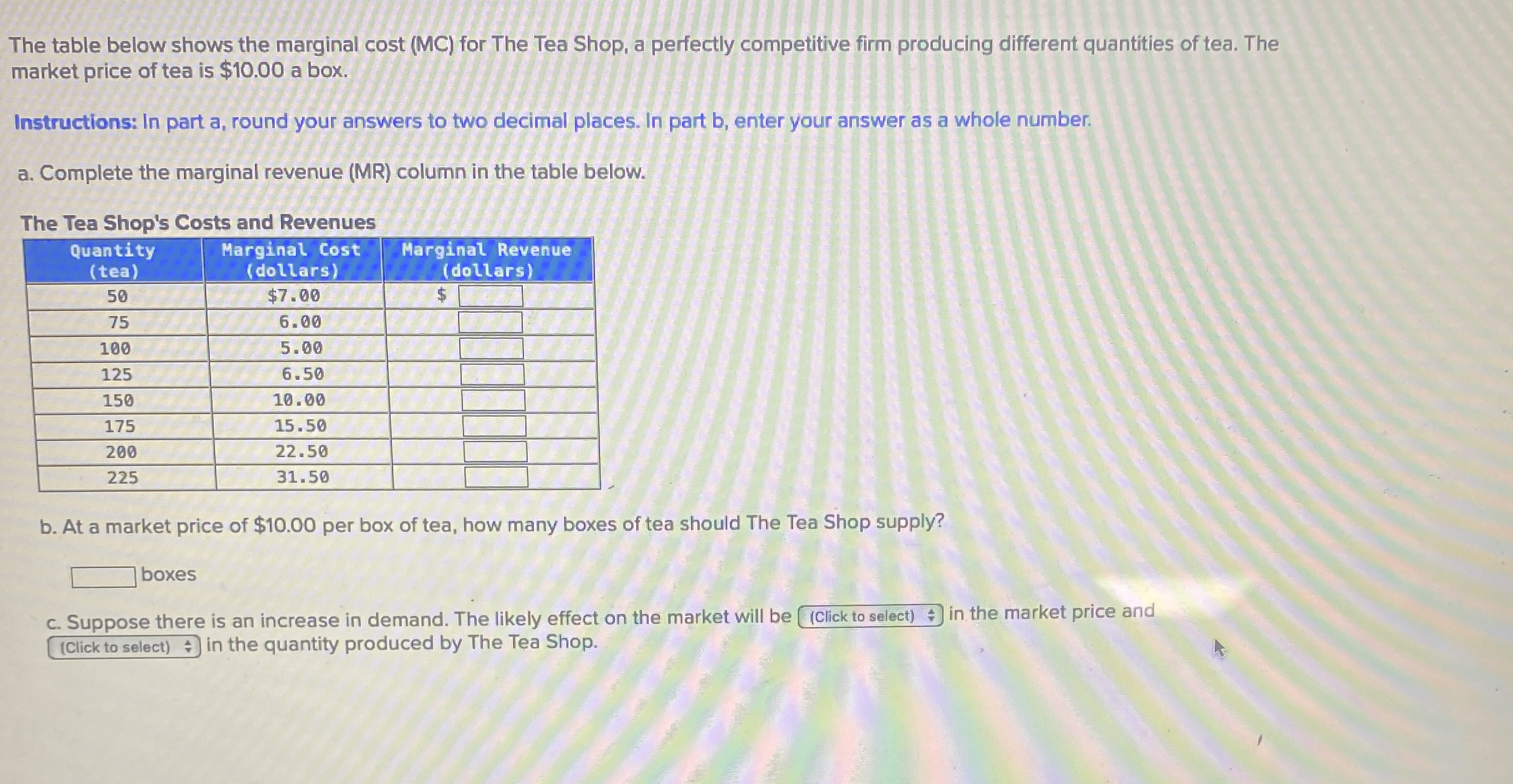  The table below shows the marginal cost (MC) for The Tea