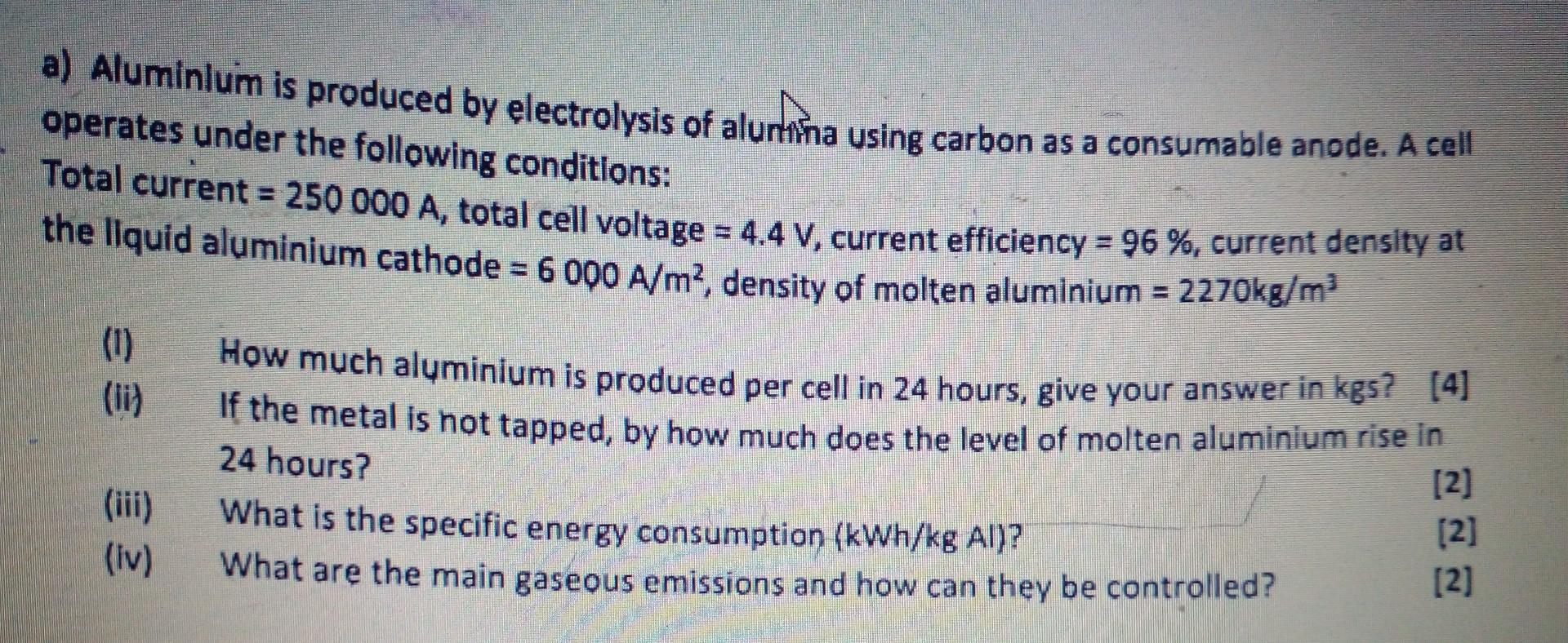 help me with solution a) Aluminlum is produced by electrolysis of