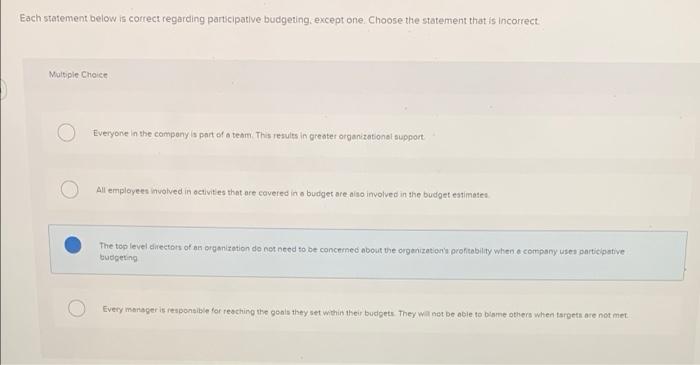  Each statement below is correct regarding participative budgeting, except one. Choose