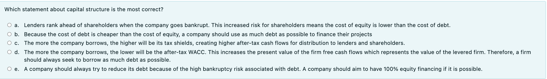  Which statement about capital structure is the most correct? O a.