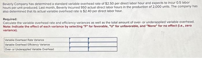 Help Beverly Company has determined a standard variable overhead rate of $2.50