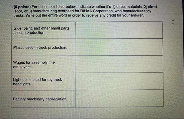  (5 points) For each item listed below, indicate whether it's 1)