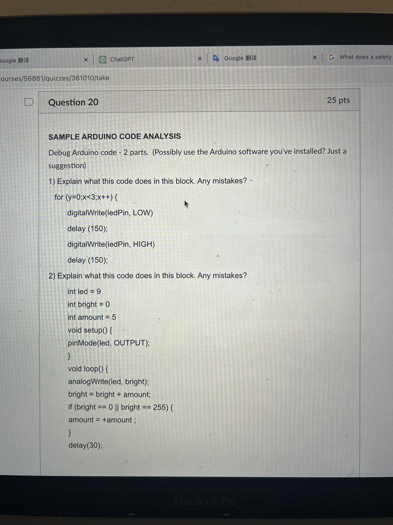  Question 20 SAMPLE ARDUINO CODE ANALYSIS Debug Arduino code -2 parts.