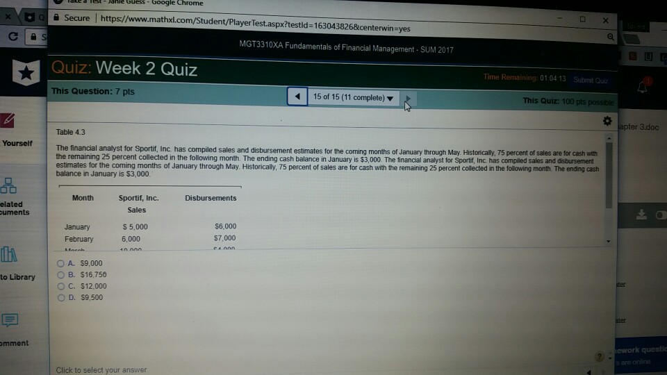 ahle Guess- Google Chrome q Secure https://www.mathxl.com/Student/PlayerTest.aspx?testld-163043826¢erwin-yes C a MGT3310XA Fundamentals
