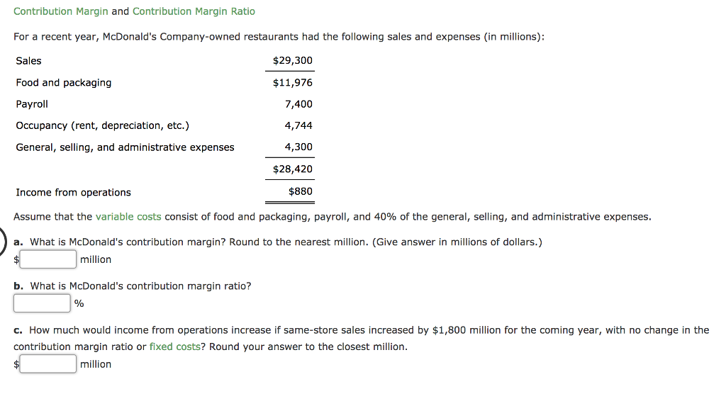  Contribution Margin and Contribution Margin Ratio For a recent year, McDonald's