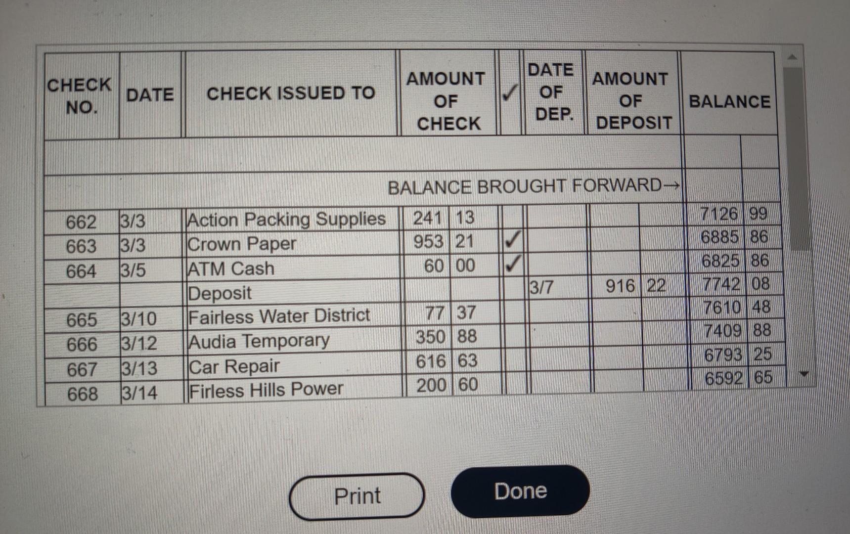 Done Check Register A indicates that the check appeared on the previous