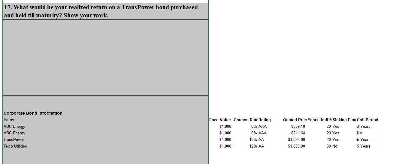  17. What would be your realized return on a TransPower bond