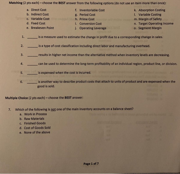  Matching (2 pts each) - choose the BEST answer from the