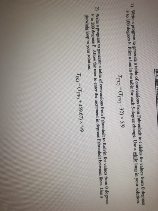  Question 2 Write a program to generate a table of conversions
