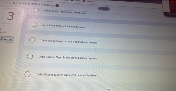 Choice O O Debit Salaries Expense and credit Cash Saved Debit Cash