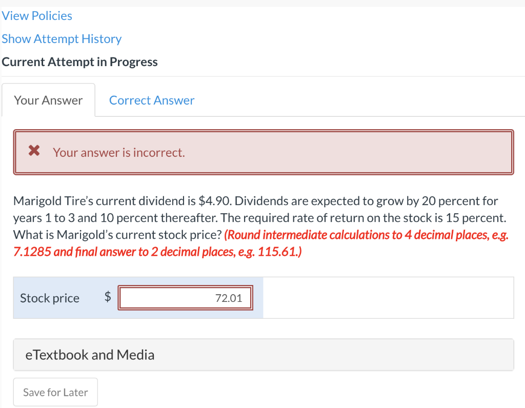 Current Attempt in Progress X Your answer is incorrect. Marigold Tire's