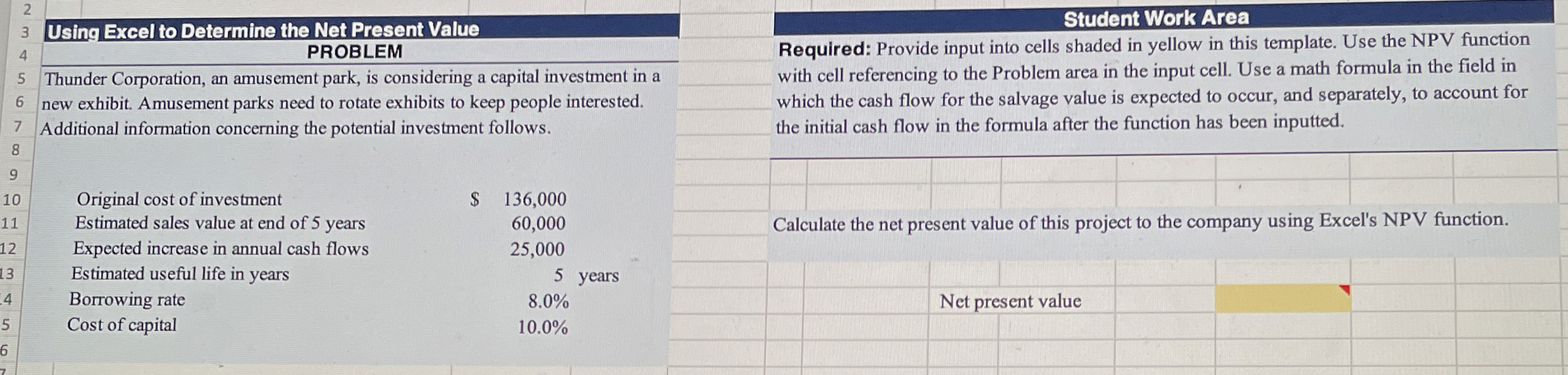  Using Excel to Determine the Net Present Value PROBLEM Thunder Corporation,