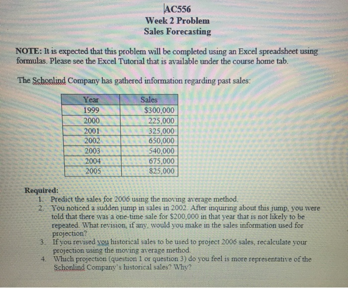  AC556 Week 2 Problem Sales Forecasting NOTE: It is expected that