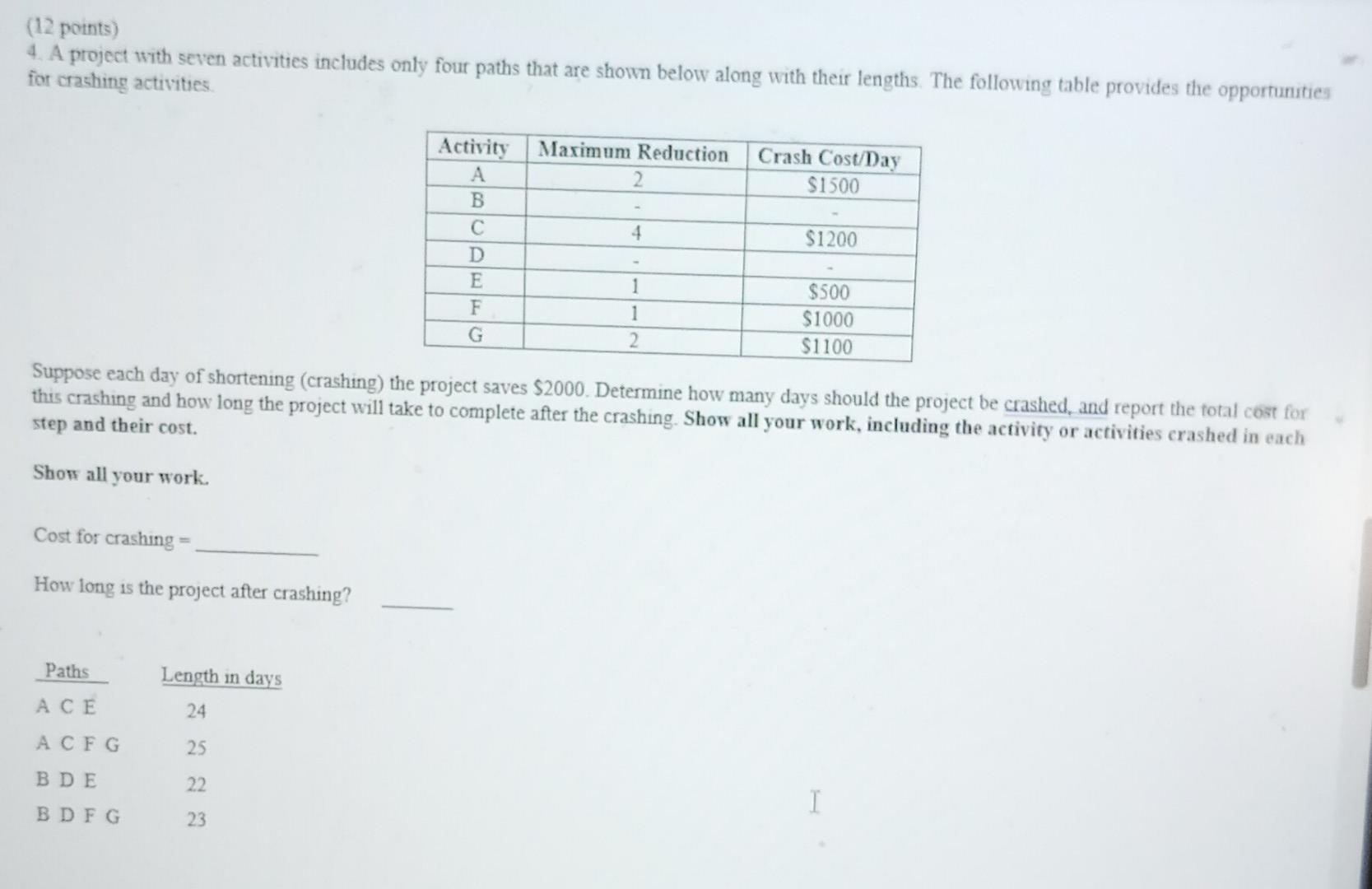  (12 points) 4. A project with seven activities includes only four