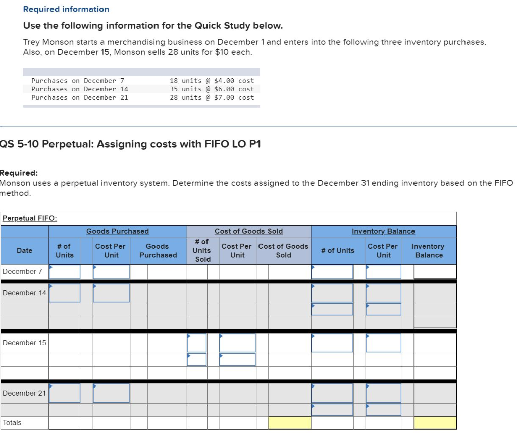  Required information Use the following information for the Quick Study below.