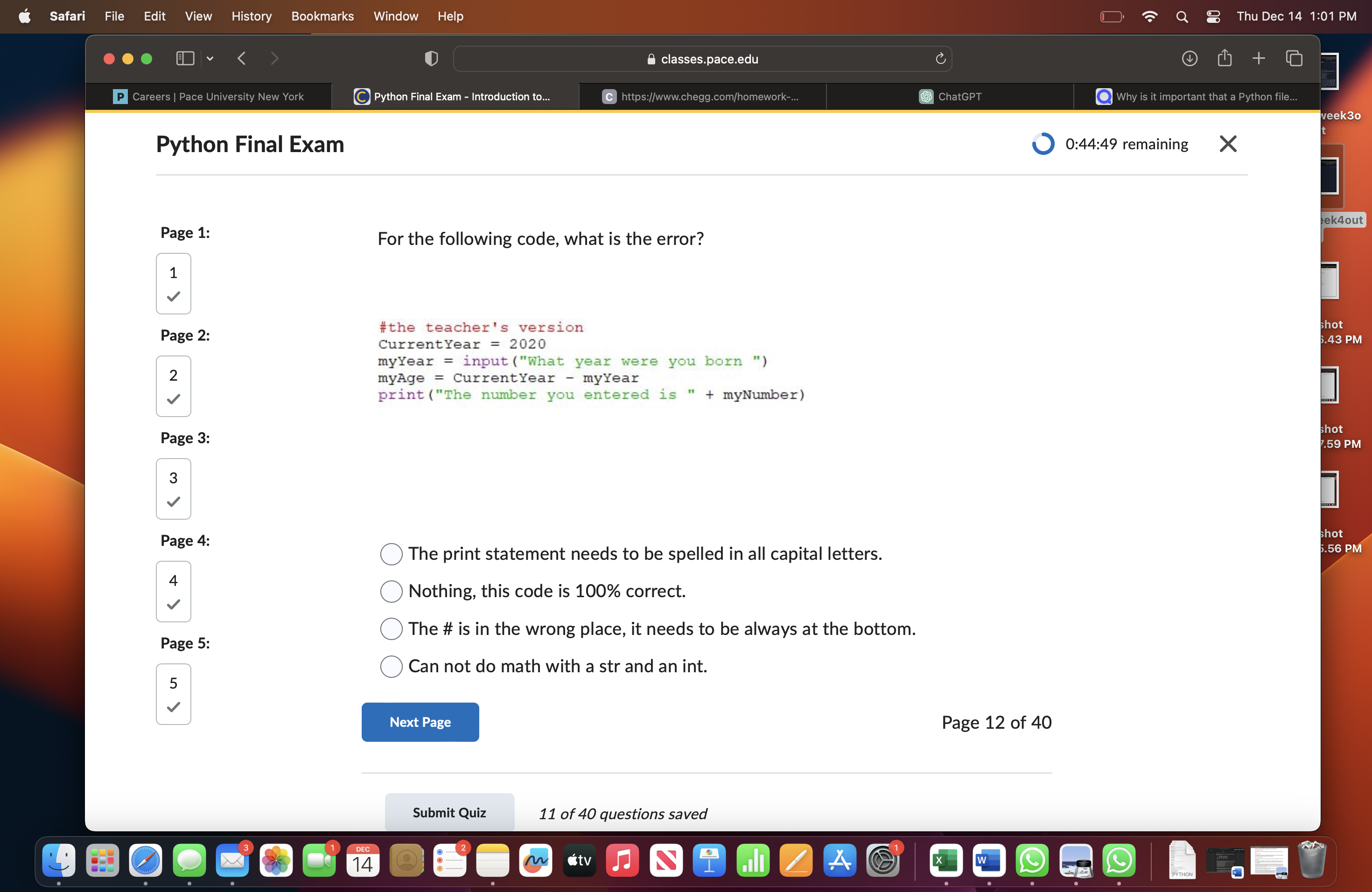  For the following code, what is the error? #the teacher's version
