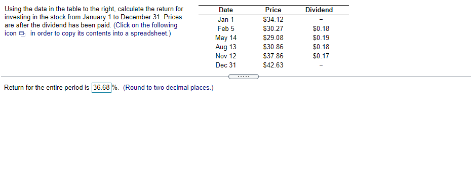  Dividend Using the data in the table to the right, calculate