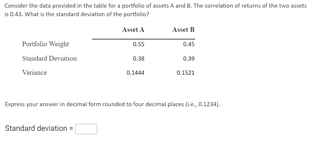 Consider the data provided in the table for a portfolio of